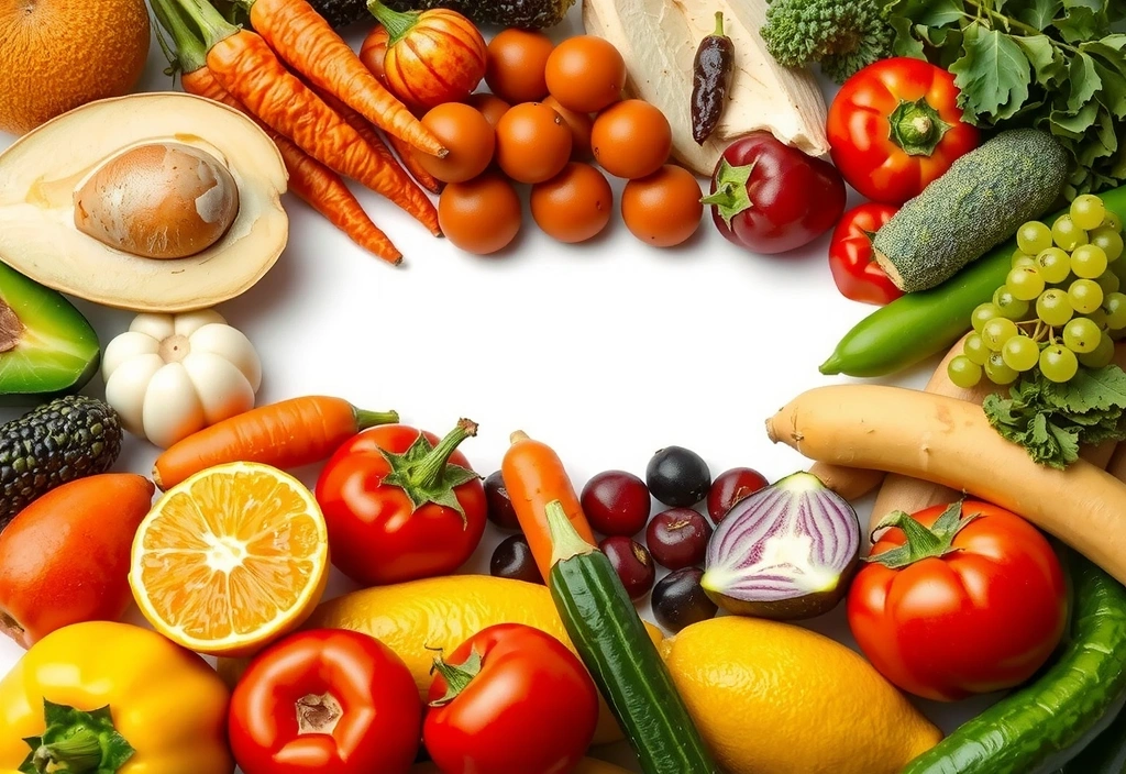 A vibrant array of colorful fruits and vegetables arranged artfully, suggesting a healthy and balanced diet