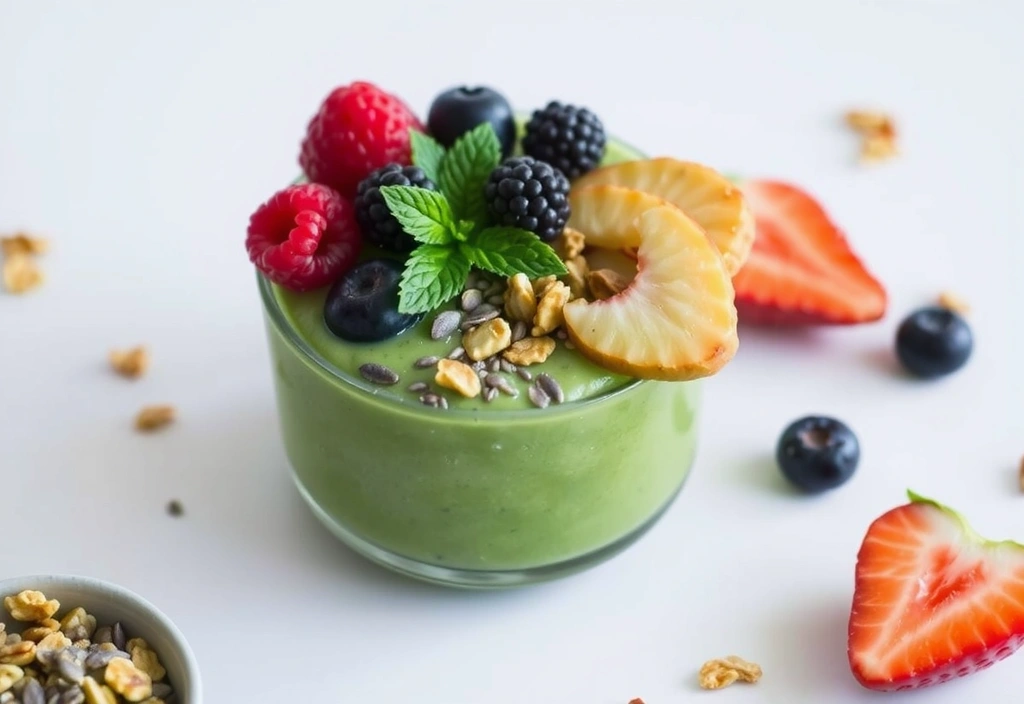 A vibrant green smoothie bowl topped with fresh berries, granola, and chia seeds, against a light background, no text.