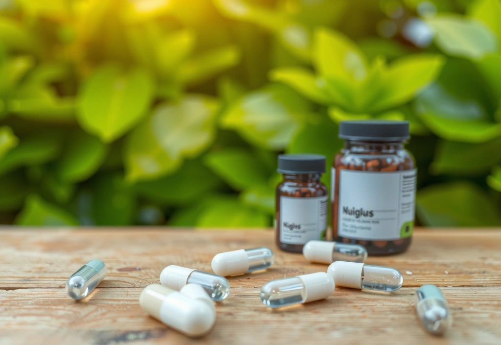 A close-up of various natural supplements in clear capsules on a wooden table, with soft, diffused lighting and a blurred green background