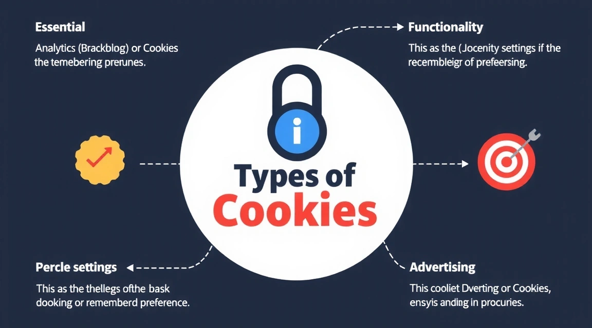 Diagram illustrating different types of cookies and their functions, such as essential, analytics, and marketing cookies.