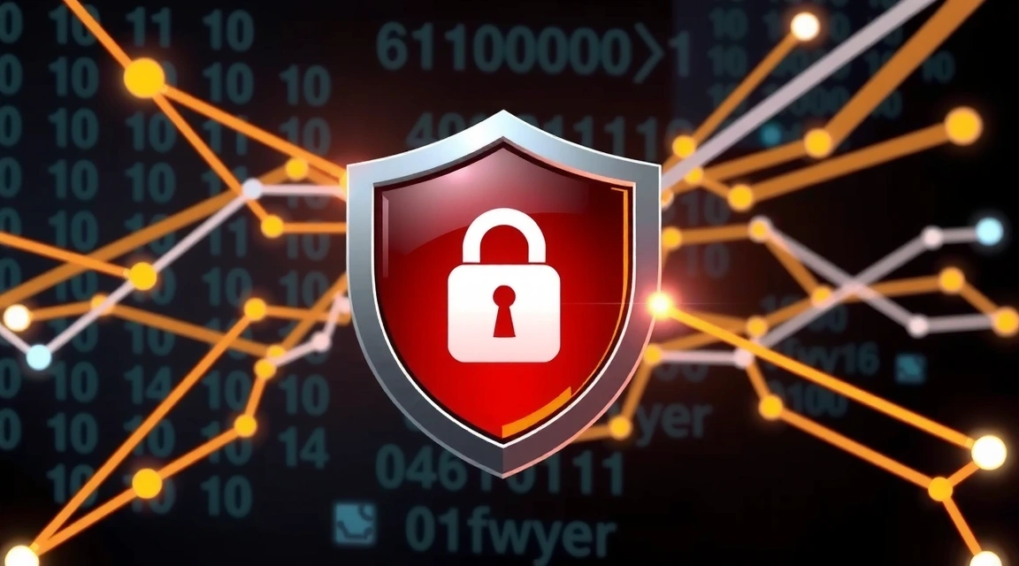 A digital shield icon guarding personal data, with binary code and network lines in the background.