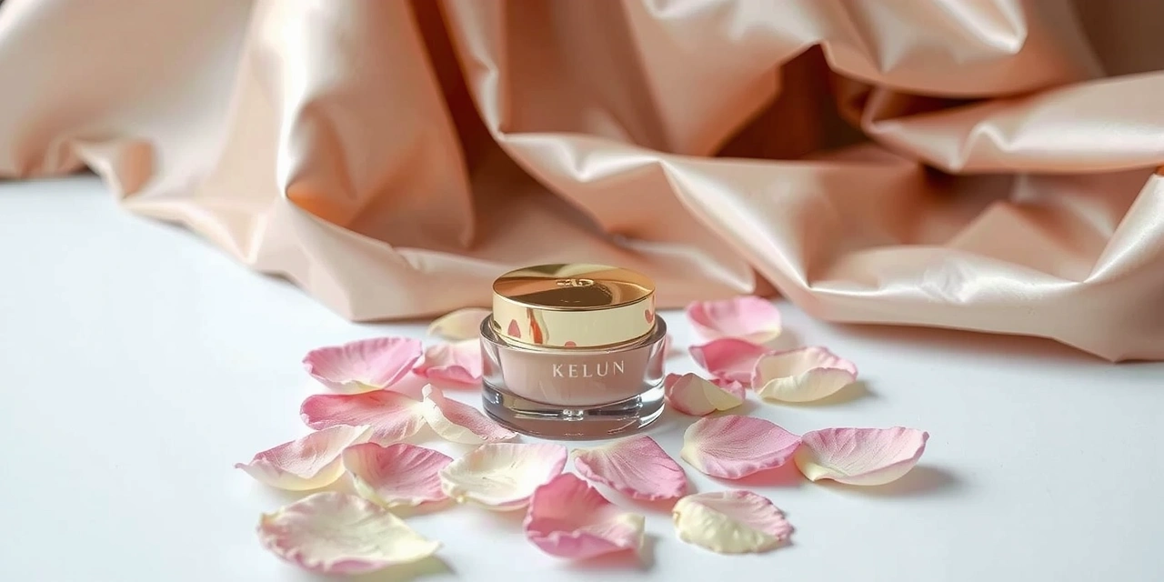 Delicate, artistic composition of a luxurious skincare jar, fresh flower petals, and soft, flowing silk fabric, conveying softness and luxury.