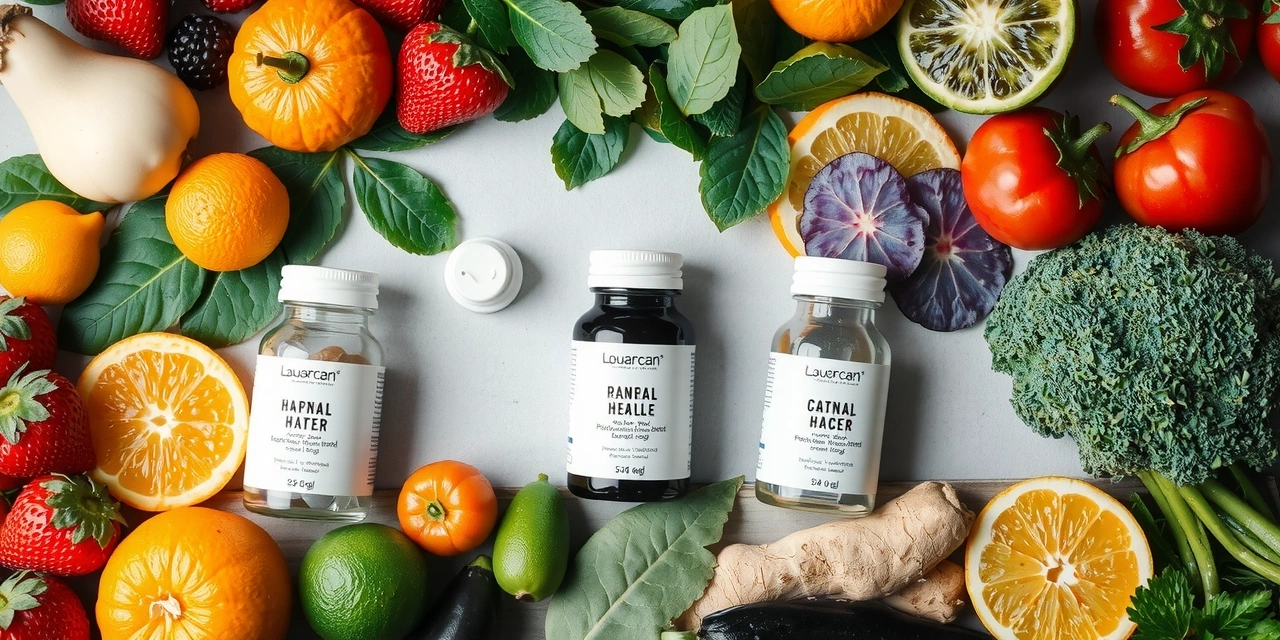 Artistic arrangement of fresh, vibrant fruits and vegetables alongside elegantly bottled supplements, suggesting natural origin and health benefits.